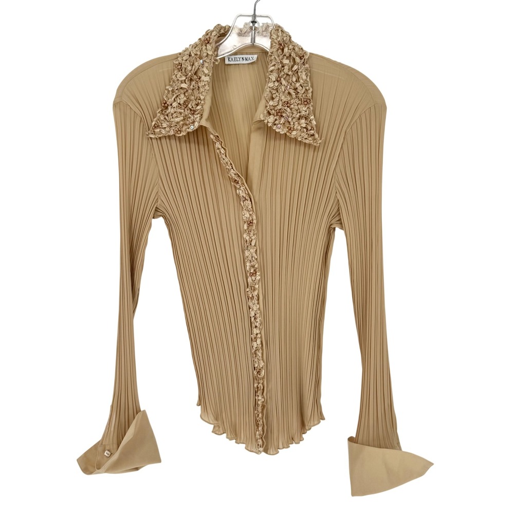 Vintage Y2K 90's Artsy Boho Pleated Beaded Button Front Cuff Sleeve Top Tan M/L‎